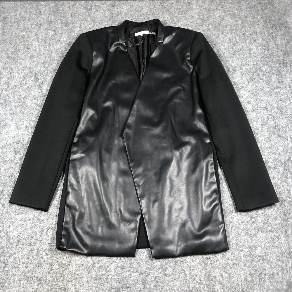 Calvin Klein Jacket Womens 6 Black Faux Leather Open Front Longline Blazer